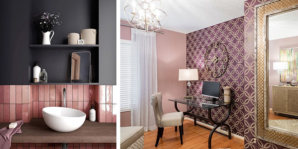 Pink Equipe tile glows pink in this powder room.